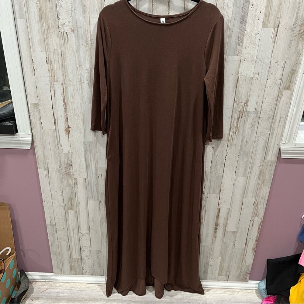 Zenana Premium Brown 3/4 Sleeve Comfy Maxi Dress Pockets Stretchy